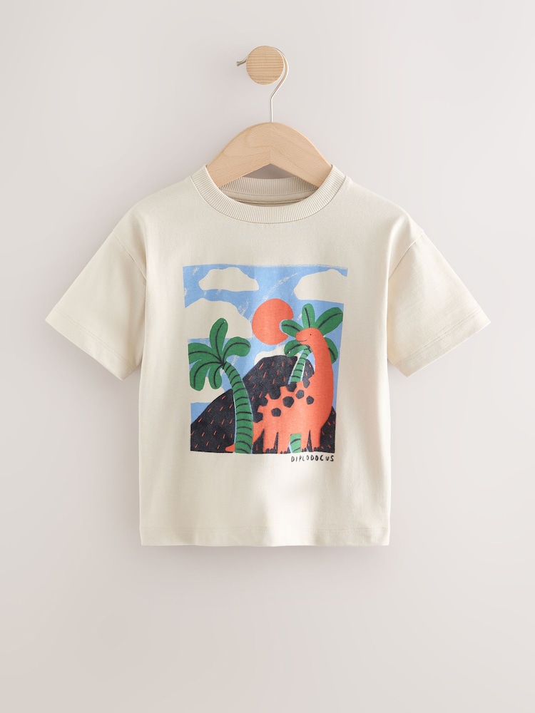 Neutral Dino Scene 100% Cotton Short Sleeve Graphic Print T-Shirt (3mths-8yrs) - Image 1 of 4