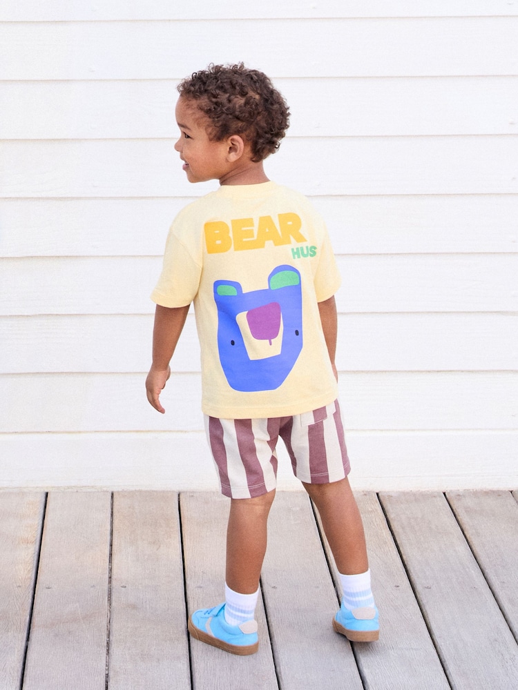 Light Yellow 100% Cotton Short Sleeve Back Print T-Shirt And Shorts Set (3mths-7yrs) - Image 1 of 5