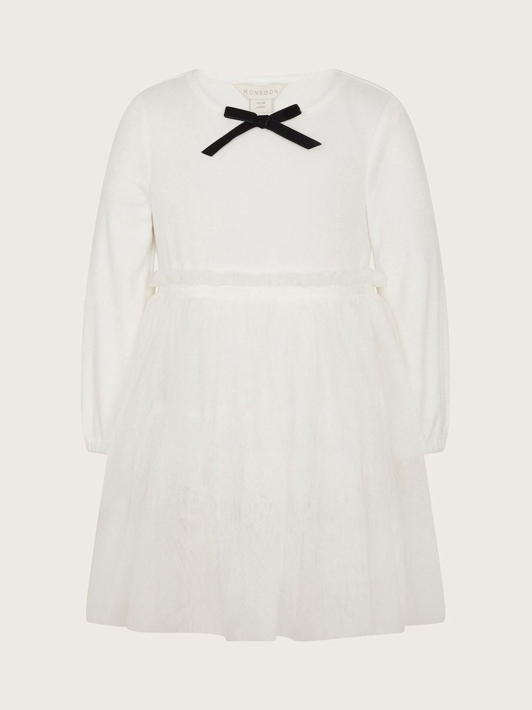 Monsoon White Baby Long Sleeve Bow Tulle Dress - Image 1 of 3 Monsoon White Baby Long Sleeve Bow Tulle Dress - Image 1 of 3