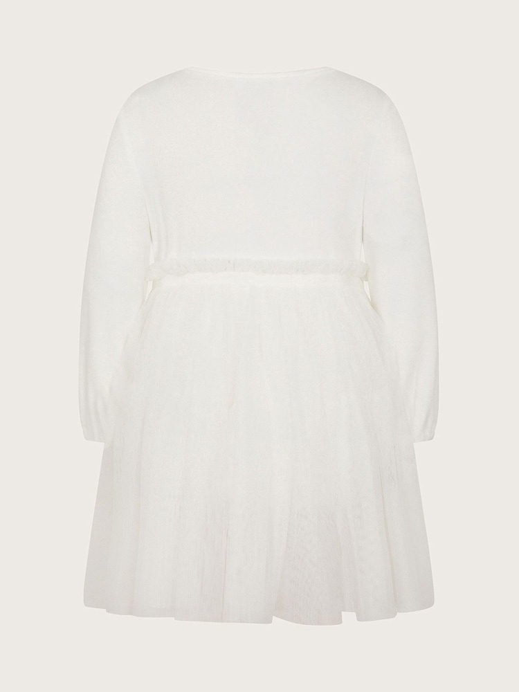 Monsoon White Baby Long Sleeve Bow Tulle Dress - Image 2 of 3 Monsoon White Baby Long Sleeve Bow Tulle Dress - Image 2 of 3
