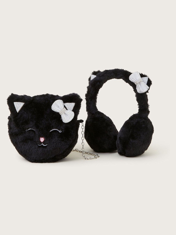 Monsoon Black Cat Earmuffs and Bag Set - Image 1 of 3 Monsoon Black Cat Earmuffs and Bag Set - Image 1 of 3
