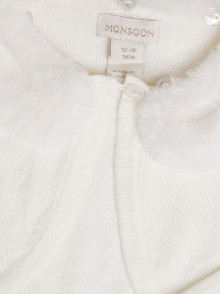 Monsoon Natural Baby Fluffy Collar Super-Soft Cardigan - Image 3 of 3