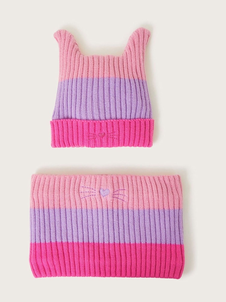 Monsoon Pink Stripe Cat Winter Beanie Hat and Snood Set - Image 1 of 2