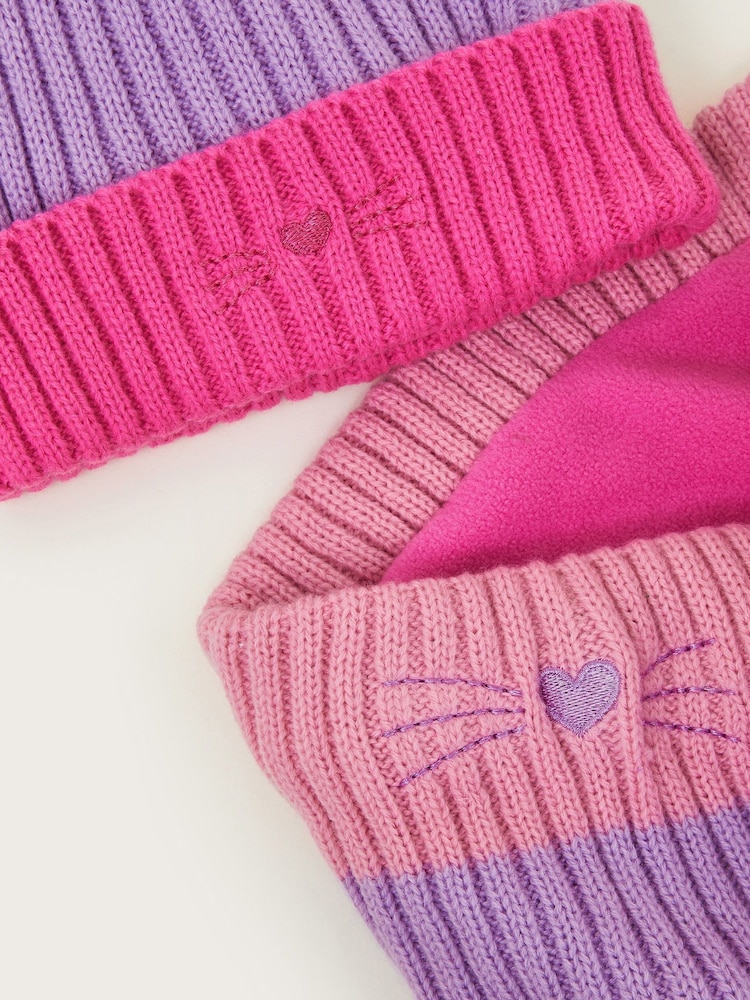 Monsoon Pink Stripe Cat Winter Beanie Hat and Snood Set - Image 2 of 2
