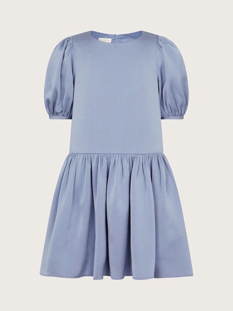 Monsoon Blue Textured Satin Puff Sleeve Dress - Image 1 of 3 Monsoon Blue Textured Satin Puff Sleeve Dress - Image 1 of 3