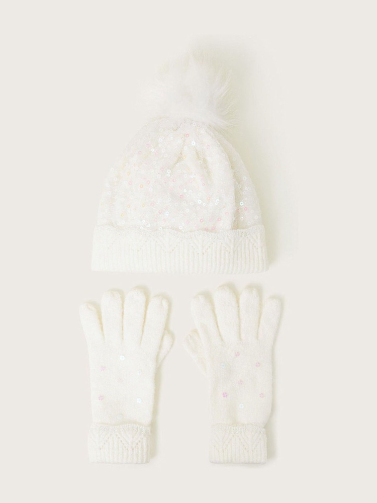 Monsoon White Lizzie Sequin Hat and Gloves Set - Image 1 of 3 Monsoon White Lizzie Sequin Hat and Gloves Set - Image 1 of 3