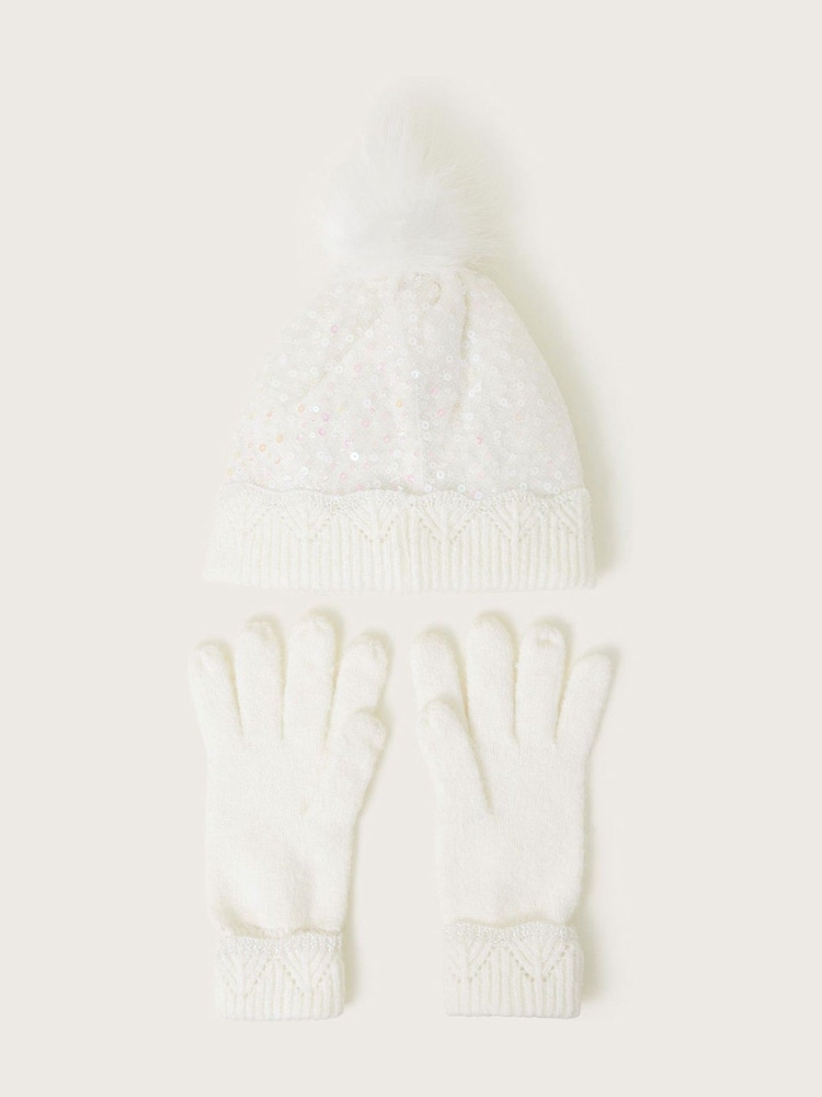 Monsoon White Lizzie Sequin Hat and Gloves Set - Image 2 of 3