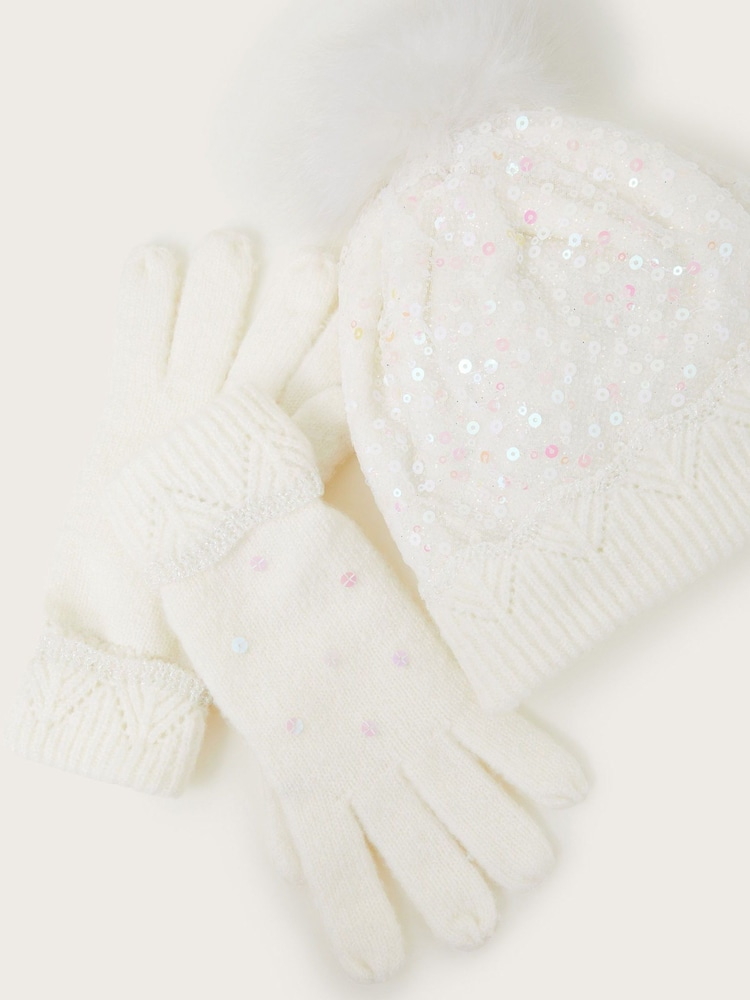 Monsoon White Lizzie Sequin Hat and Gloves Set - Image 3 of 3