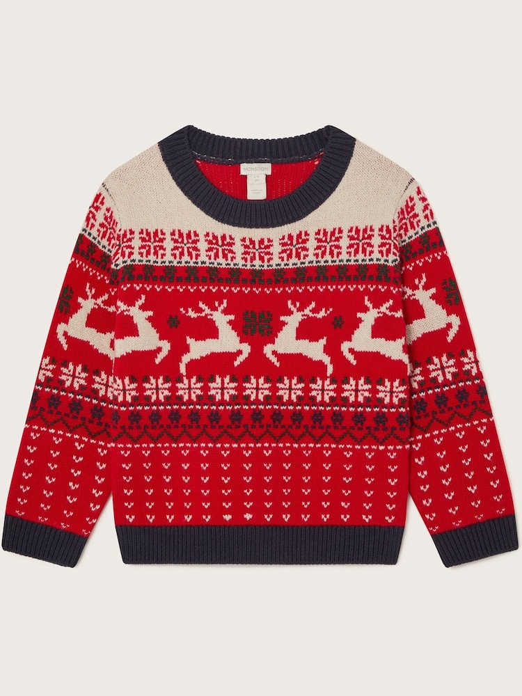 Monsoon Red Christmas Reindeer Fair Isle Pattern Jumper - Image 1 of 3