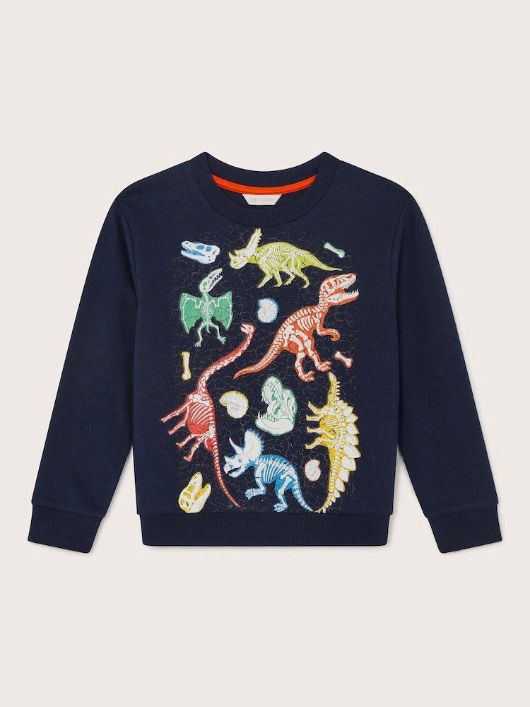 Monsoon Blue Glow In The Dark Dinosaur 100% Cotton Sweatshirt - Image 1 of 3 Monsoon Blue Glow In The Dark Dinosaur 100% Cotton Sweatshirt - Image 1 of 3