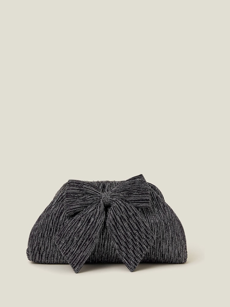 Accessorize Black Metallic Plisse Bow Clutch Bag - Image 1 of 2 Accessorize Black Metallic Plisse Bow Clutch Bag - Image 1 of 2