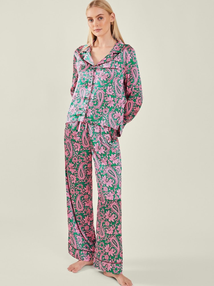 Accessorize Pink/Green Paisley Satin Long Pyjama Set - Image 1 of 4
