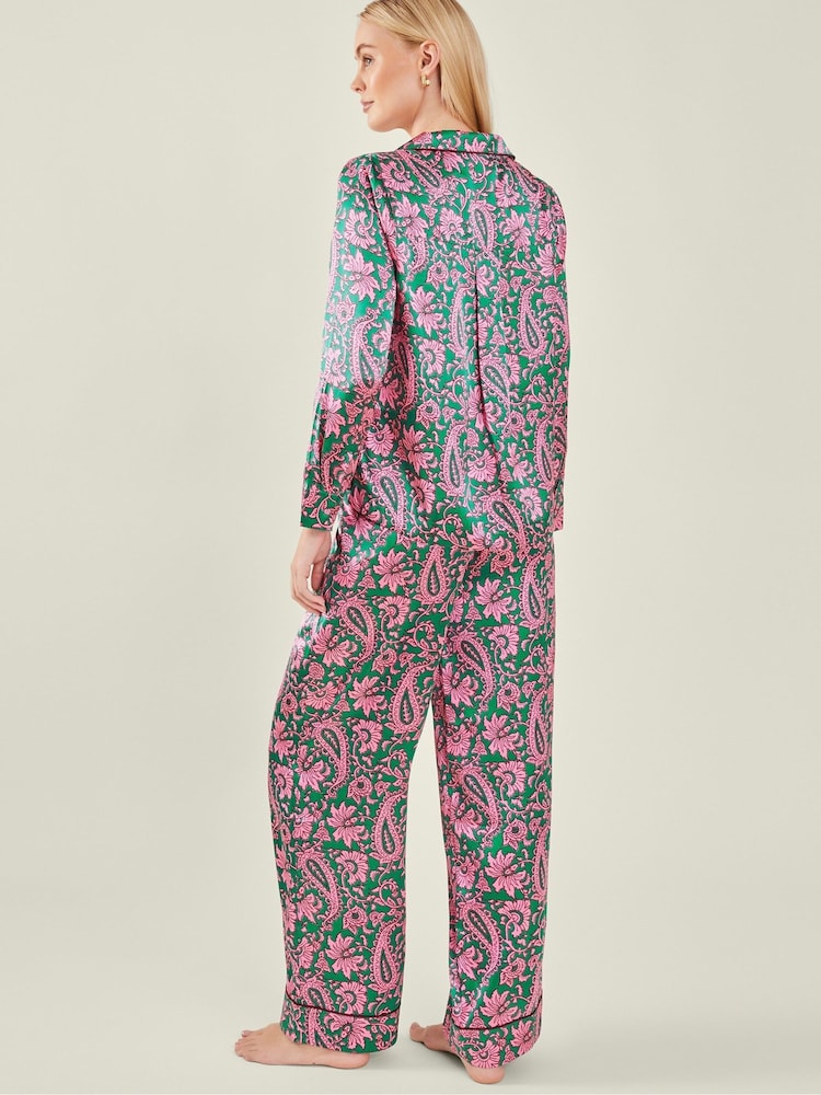 Accessorize Pink/Green Paisley Satin Long Pyjama Set - Image 2 of 4