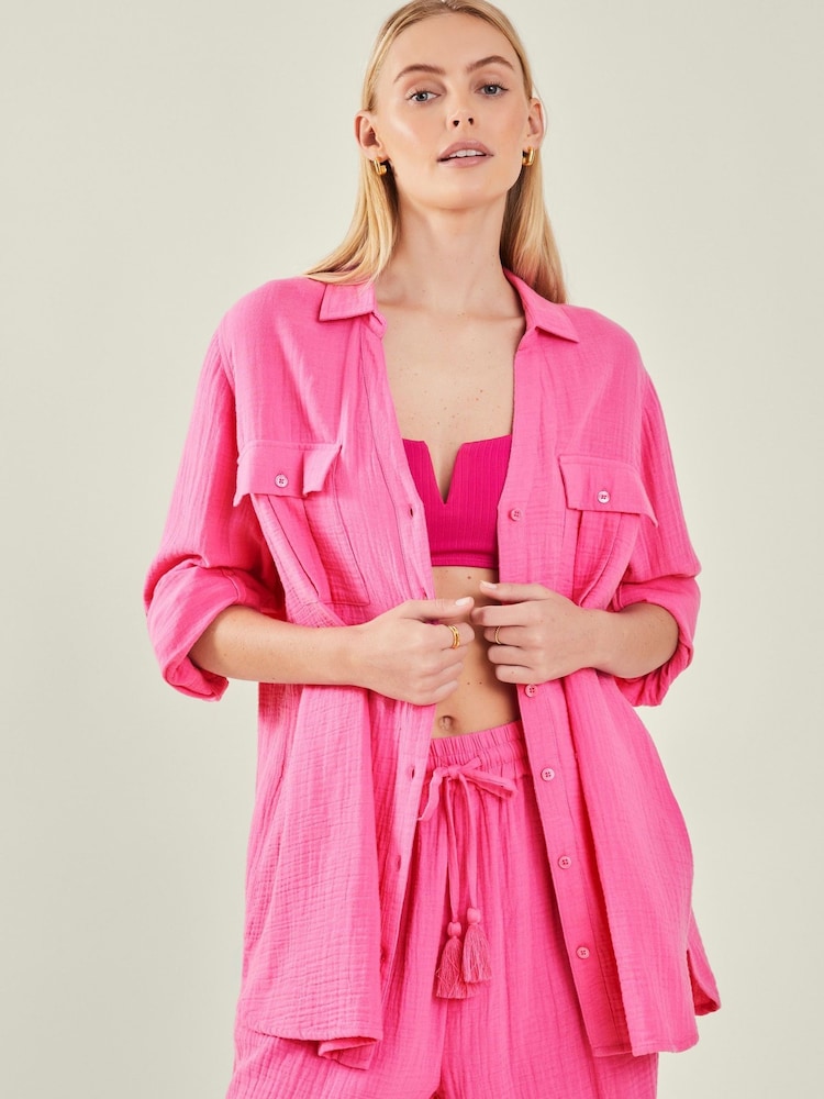 Accessorize Pink Long Sleeve Crinkle 100% Cotton Shirt - Image 1 of 3