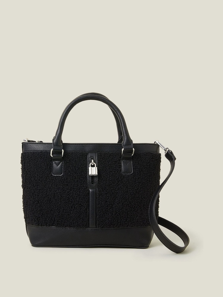 Accessorize Black Shearling Lock Tote Bag - Image 1 of 2