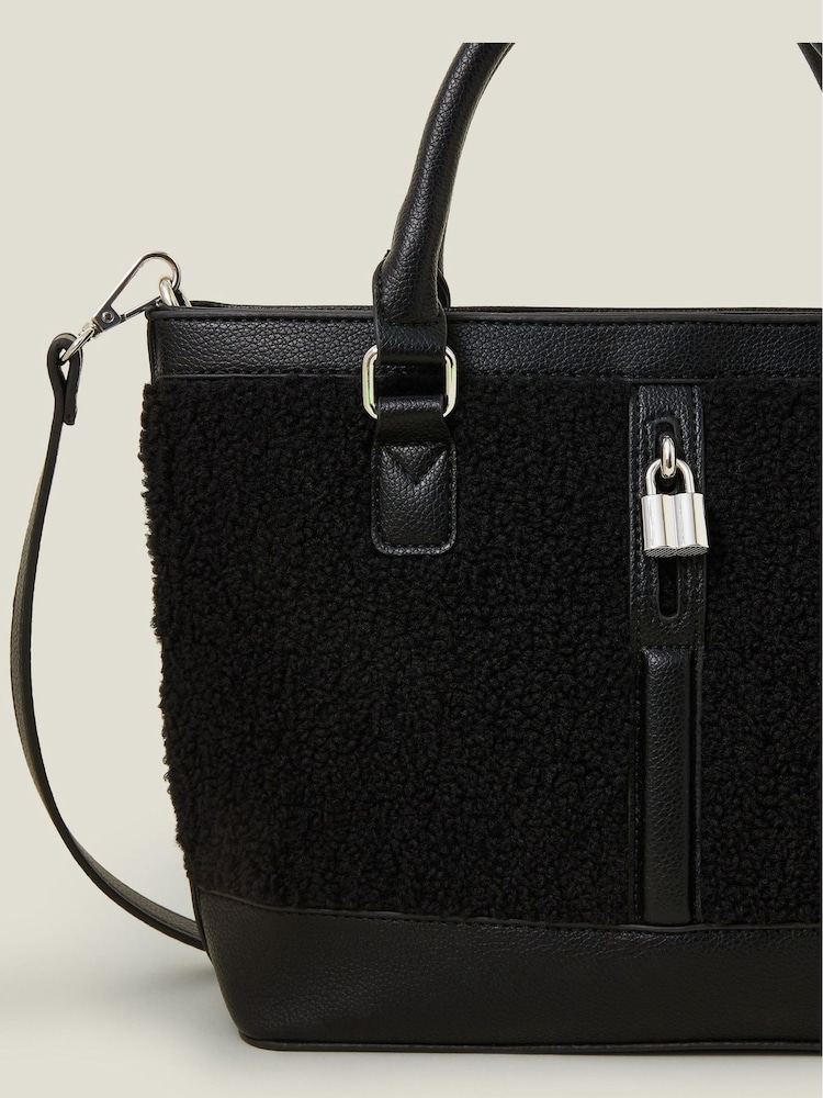 Accessorize Black Shearling Lock Tote Bag - Image 2 of 2