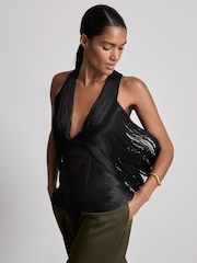 Reiss Black Sanna Atelier Draped Fringe Deep-V Top - Image 1 of 6