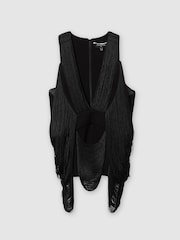Reiss Black Sanna Atelier Draped Fringe Deep-V Top - Image 2 of 6