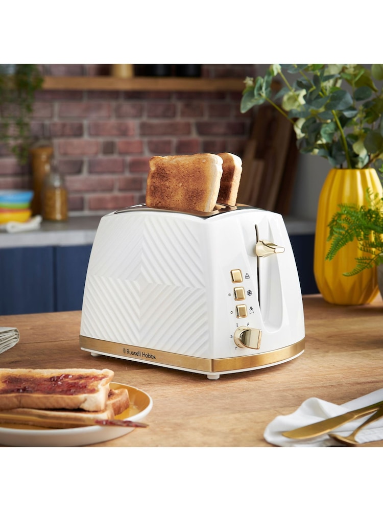 Russell Hobbs White and Gold Groove 2 Slice Toaster - Image 1 of 5