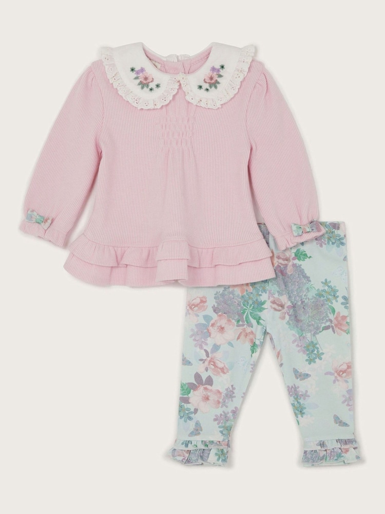 Monsoon Pink Newborn Rib Collar Top and Floral Leggings Set - Image 1 of 3