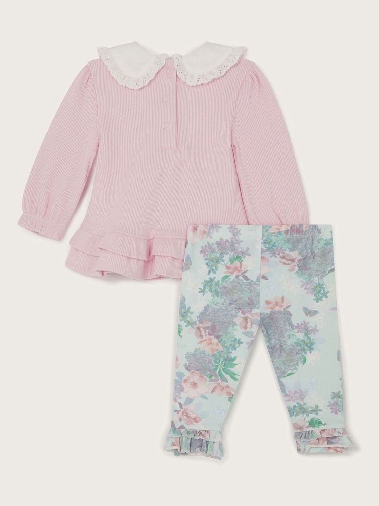 Monsoon Pink Newborn Rib Collar Top and Floral Leggings Set - Image 2 of 3
