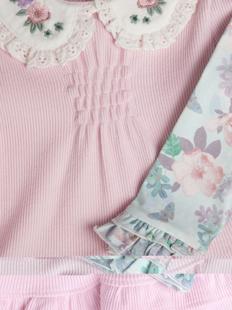 Monsoon Pink Newborn Rib Collar Top and Floral Leggings Set - Image 3 of 3