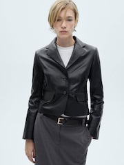 Mango Black 100% Leather Cropped Jacket - Image 4 of 7