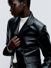 Mango Black 100% Leather Cropped Jacket - Image 5 of 7