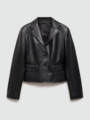 Mango Black 100% Leather Cropped Jacket - Image 6 of 7