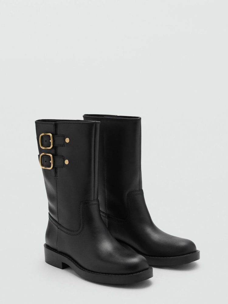 Mango Black Buckle Leather Ankle Boots - Image 1 of 3