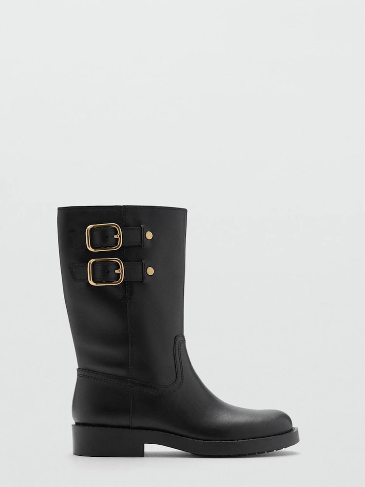 Mango Black Buckle Leather Ankle Boots - Image 2 of 3