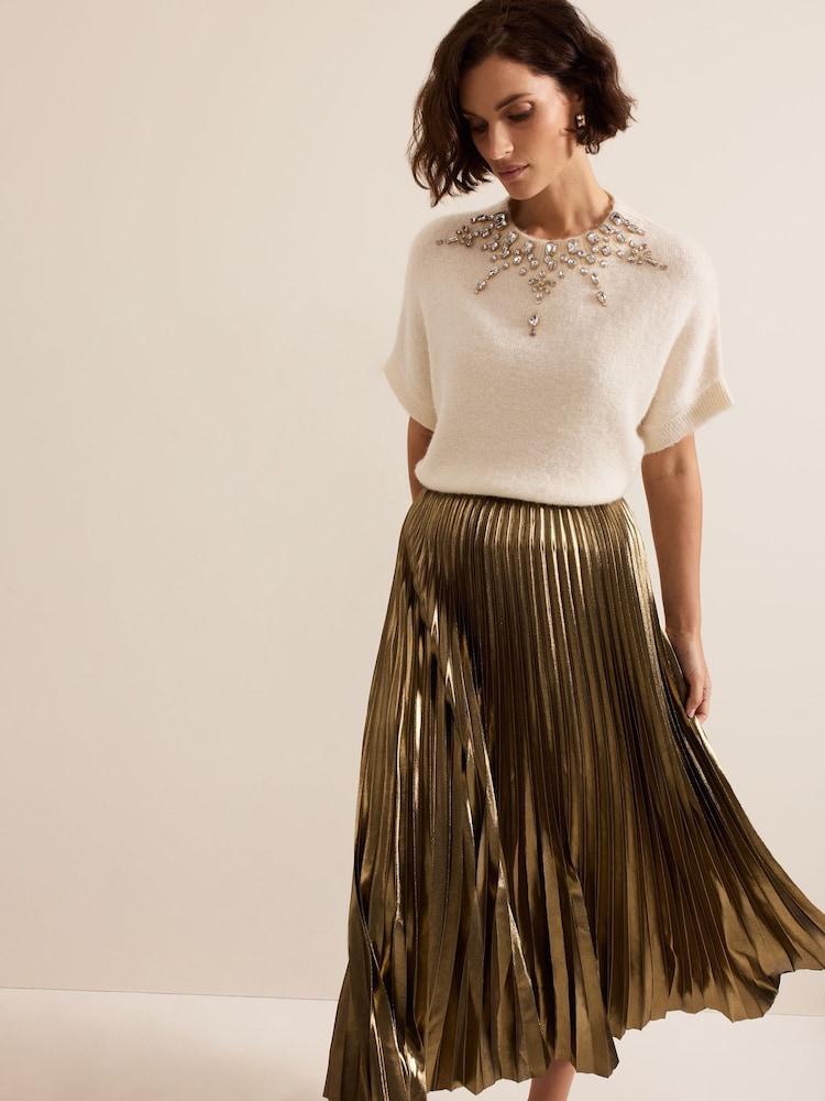 Phase Eight Gold Dhalia Foil Pleated Skirt - Image 6 of 7