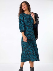 Roman Blue Abstract Print Gathered Stretch Midi Dress - Image 1 of 5
