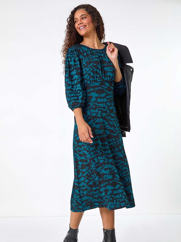Roman Blue Abstract Print Gathered Stretch Midi Dress - Image 1 of 5