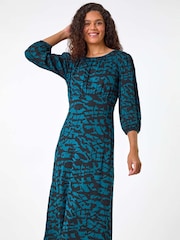 Roman Blue Abstract Print Gathered Stretch Midi Dress - Image 2 of 5