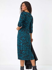 Roman Blue Abstract Print Gathered Stretch Midi Dress - Image 3 of 5