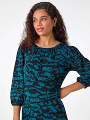 Roman Blue Abstract Print Gathered Stretch Midi Dress - Image 4 of 5