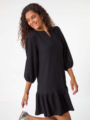 Roman Black Textured V-Neck Frill Hem Smock Dress - Image 1 of 6