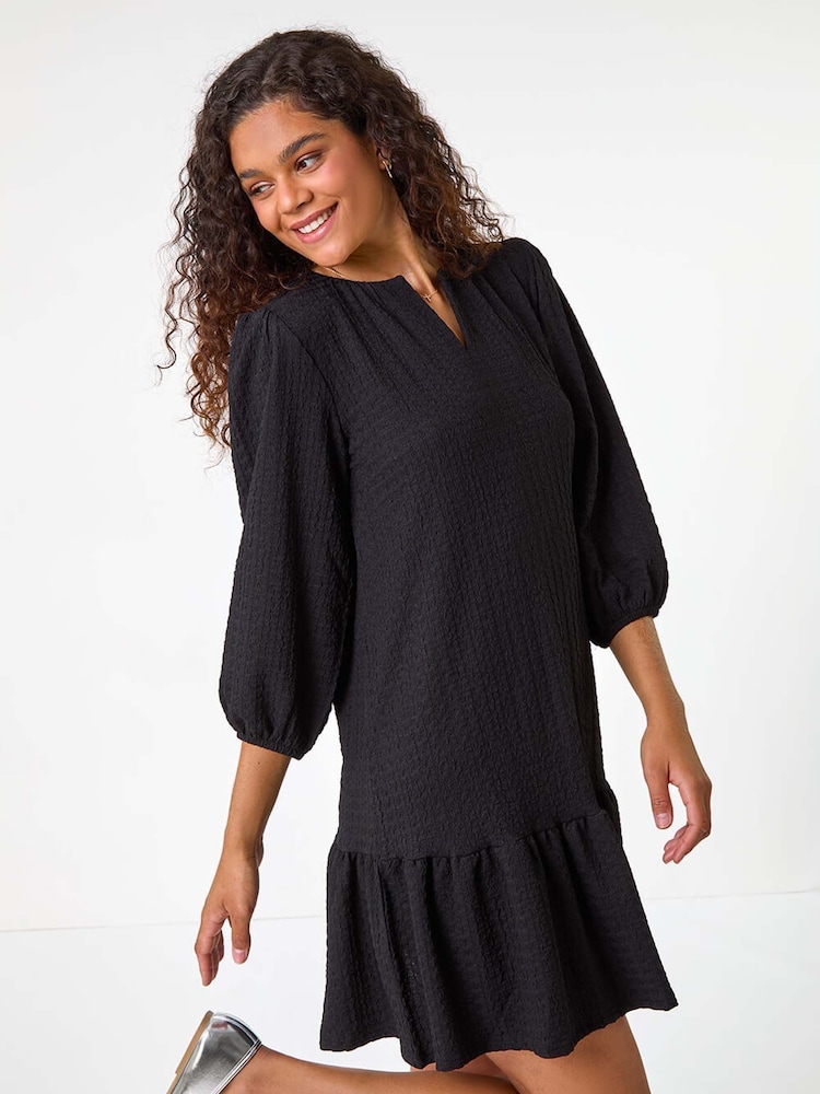 Roman Black Textured V-Neck Frill Hem Smock Dress - Image 1 of 6