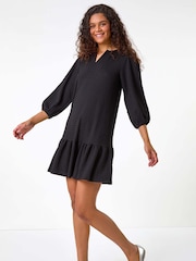 Roman Black Textured V-Neck Frill Hem Smock Dress - Image 3 of 6