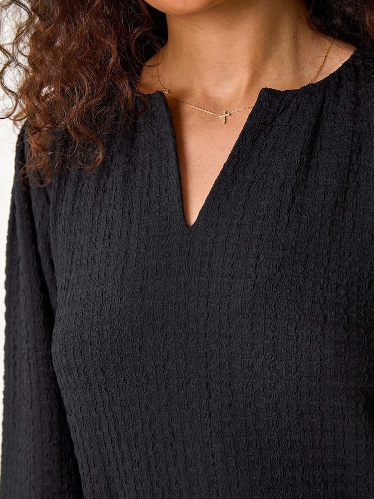 Roman Black Textured V-Neck Frill Hem Smock Dress - Image 6 of 6