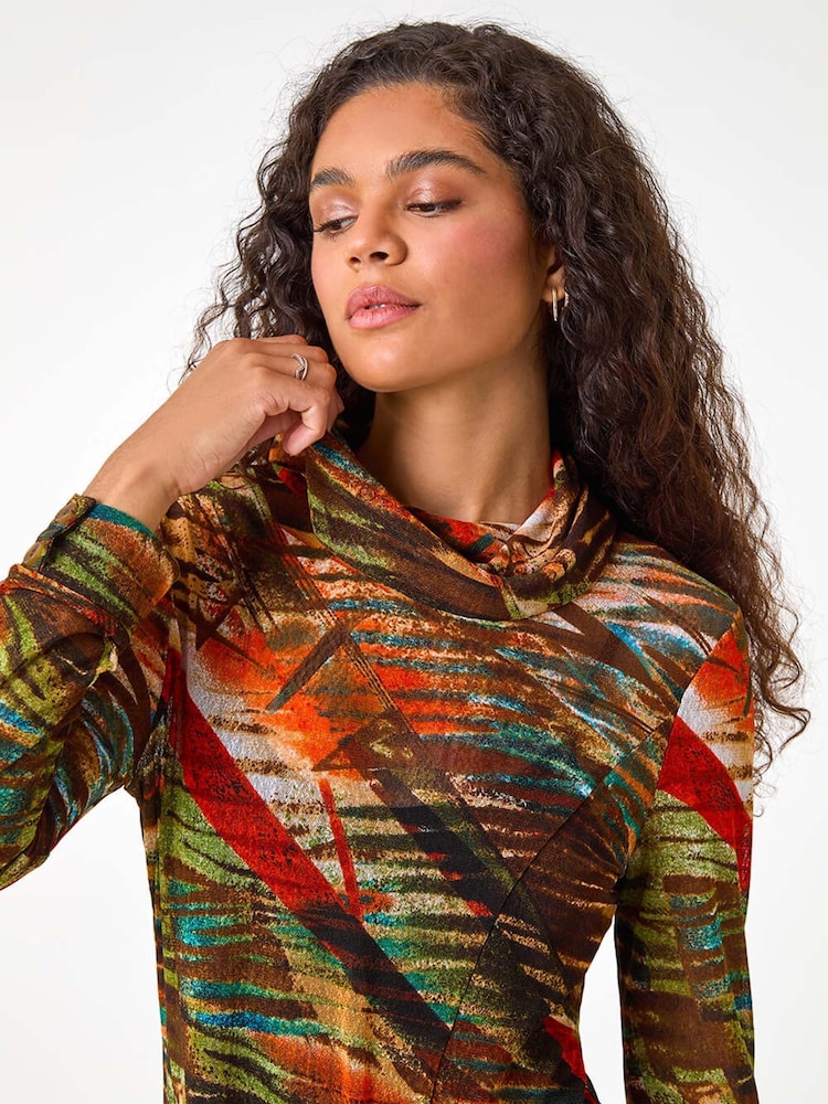 Roman Orange Abstract Print Cowl Neck Tunic Top - Image 2 of 5