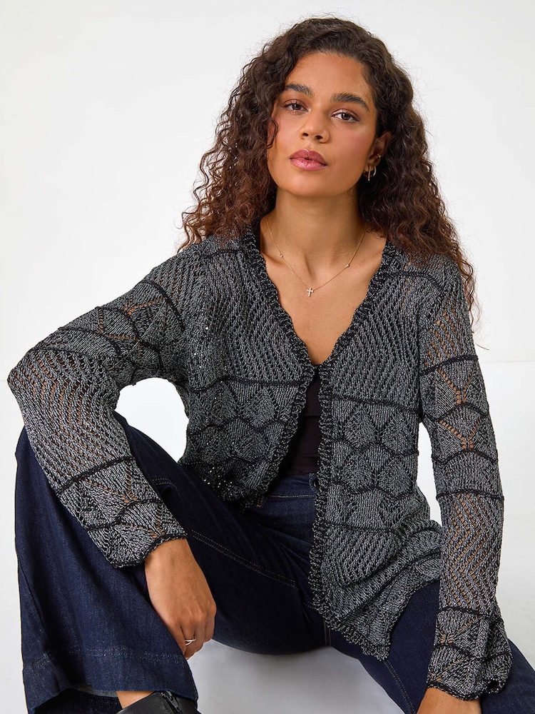 Roman Black Shimmer Crew Neck Knit Cardigan - Image 1 of 6
