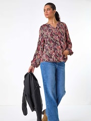 Roman Orange Print V-Neck Cuff Sleeve Top - Image 1 of 6