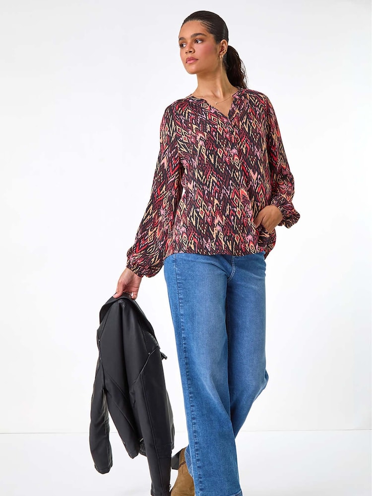 Roman Orange Print V-Neck Cuff Sleeve Top - Image 1 of 6
