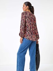 Roman Orange Print V-Neck Cuff Sleeve Top - Image 4 of 6