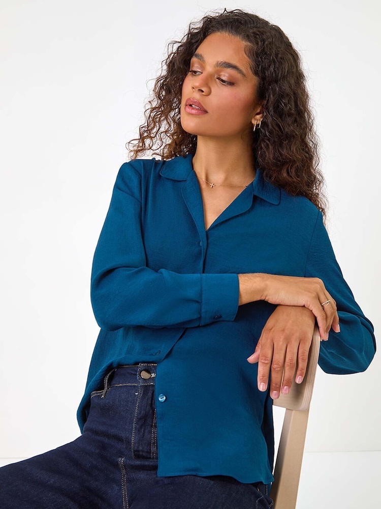 Roman Blue Plain V-Neck Collar Button Detail Blouse - Image 1 of 5