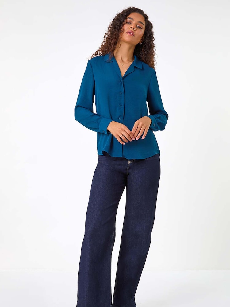 Roman Blue Plain V-Neck Collar Button Detail Blouse - Image 2 of 5