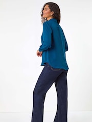 Roman Blue Plain V-Neck Collar Button Detail Blouse - Image 3 of 5