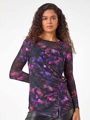Blusa de malha elástica franzida com estampa Roman Print borrada - Imagem 2 de 5